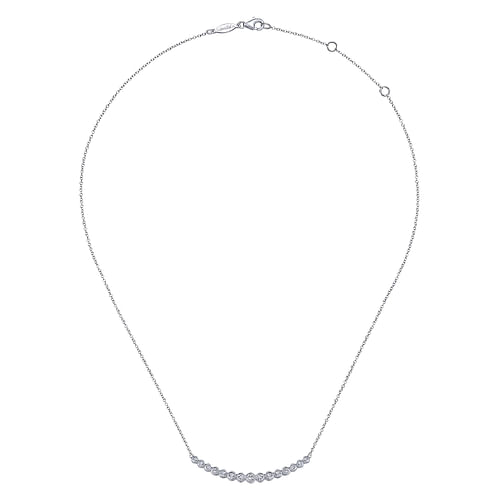 14K White Gold Curved Bar Necklace with Bezel Set Round Diamonds