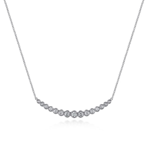 14K White Gold Curved Bar Necklace with Bezel Set Round Diamonds