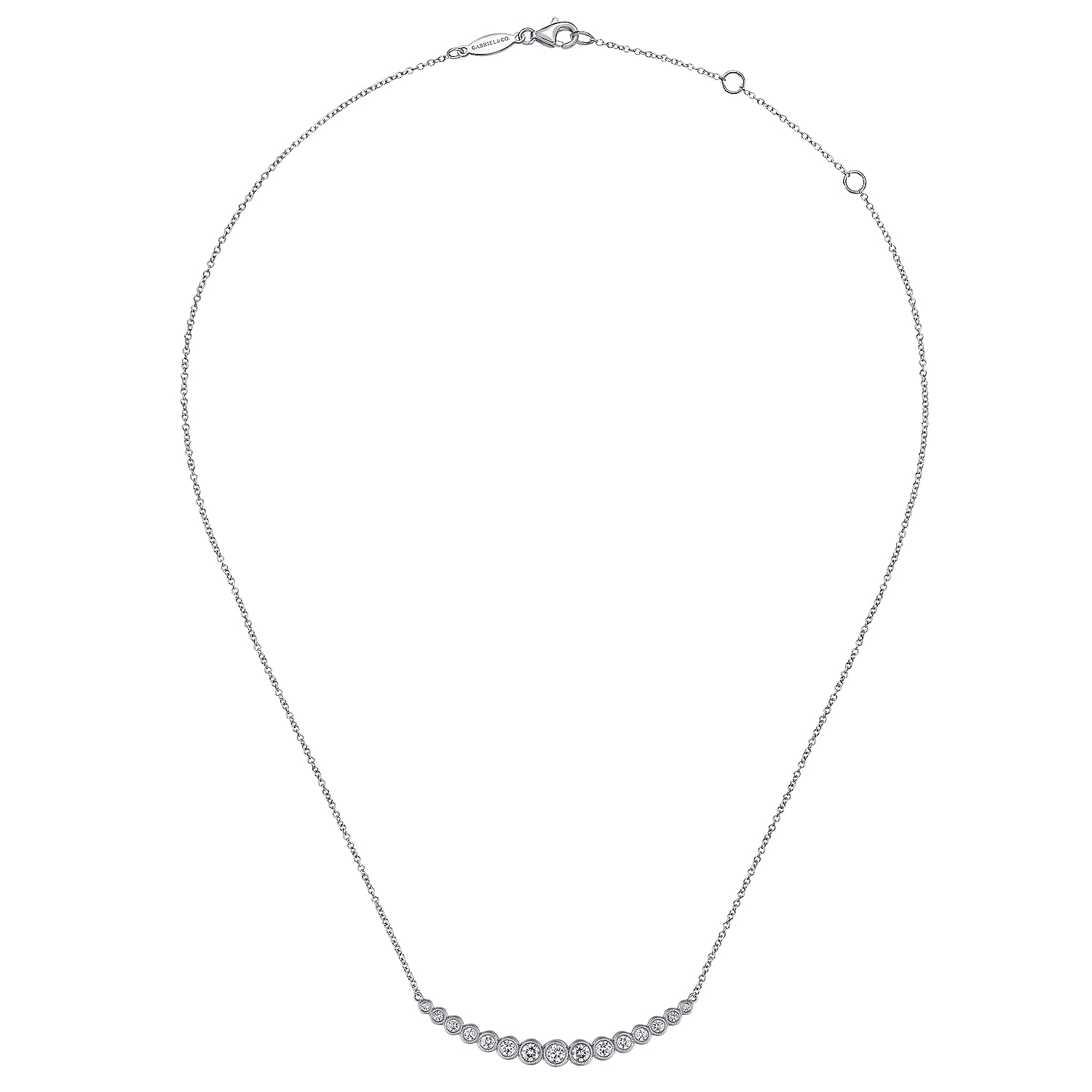 14K White Gold Curved Bar Necklace with Bezel Set Round Diamonds