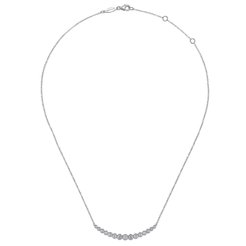 14K White Gold Curved Bar Necklace with Bezel Set Round Diamonds