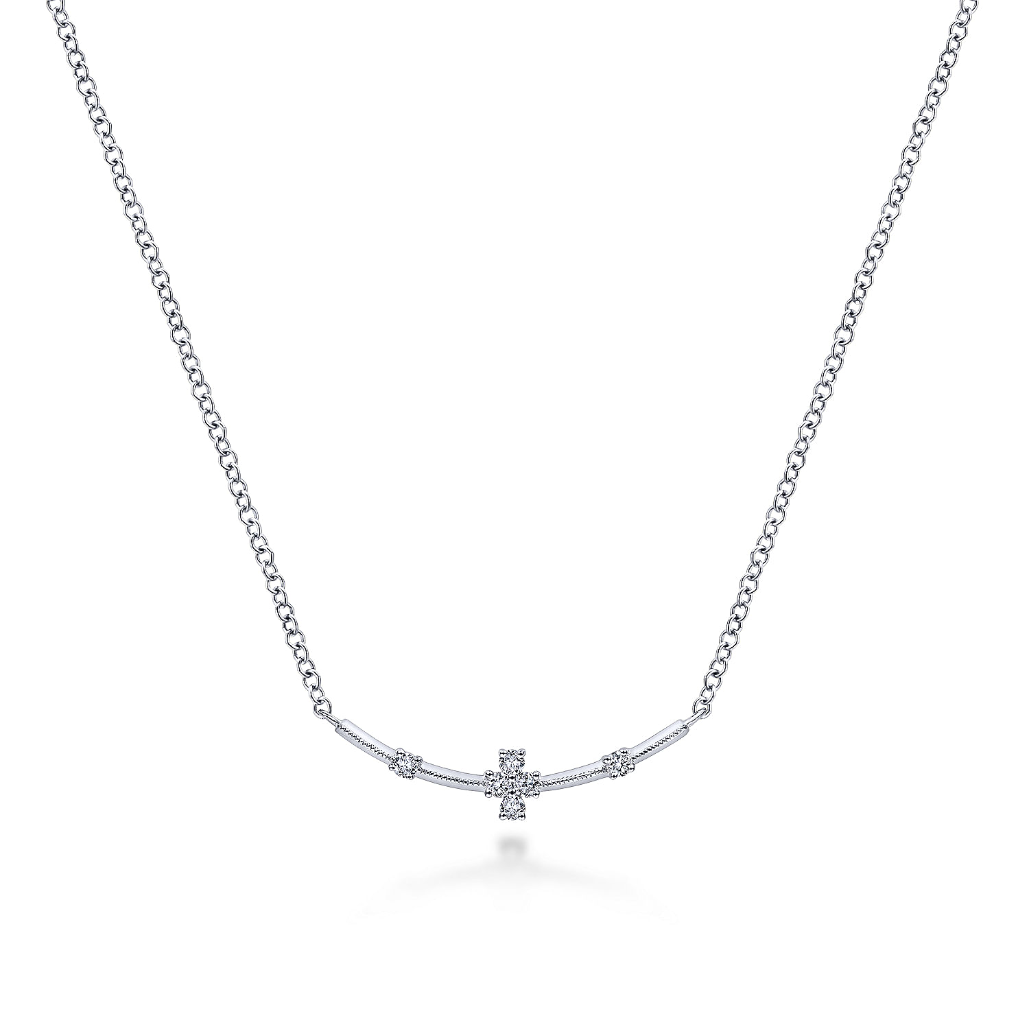 14K White Gold Curved Bar Necklace with Diamond Stations