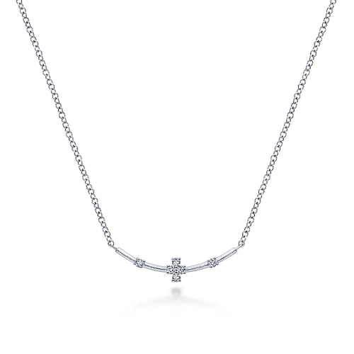 14K White Gold Curved Bar Necklace with Diamond Stations