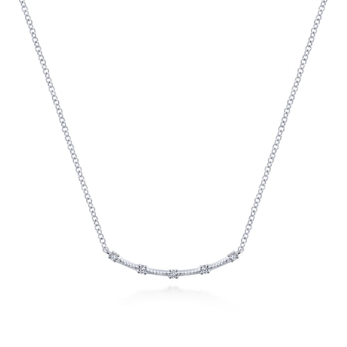 14K White Gold Curved Bar Necklace with Diamond Stations