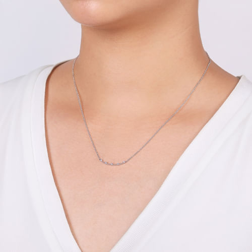 14K White Gold Curved Bar Necklace with Diamond Stations