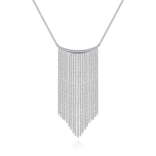14K White Gold Curved Bar and Waterfall Chain Necklace