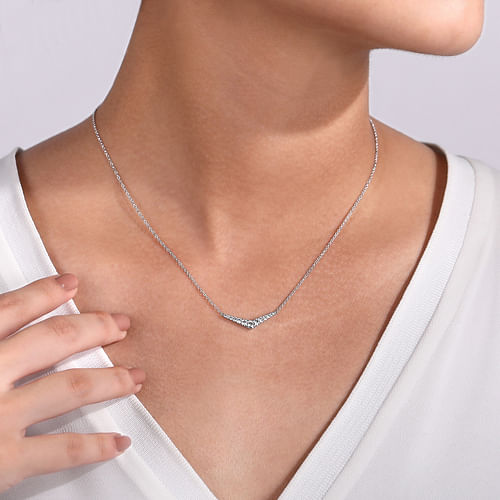 14K White Gold Curved Diamond Bar Necklace