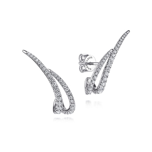 14K White Gold Curved Double Bar Diamond Post Earrings