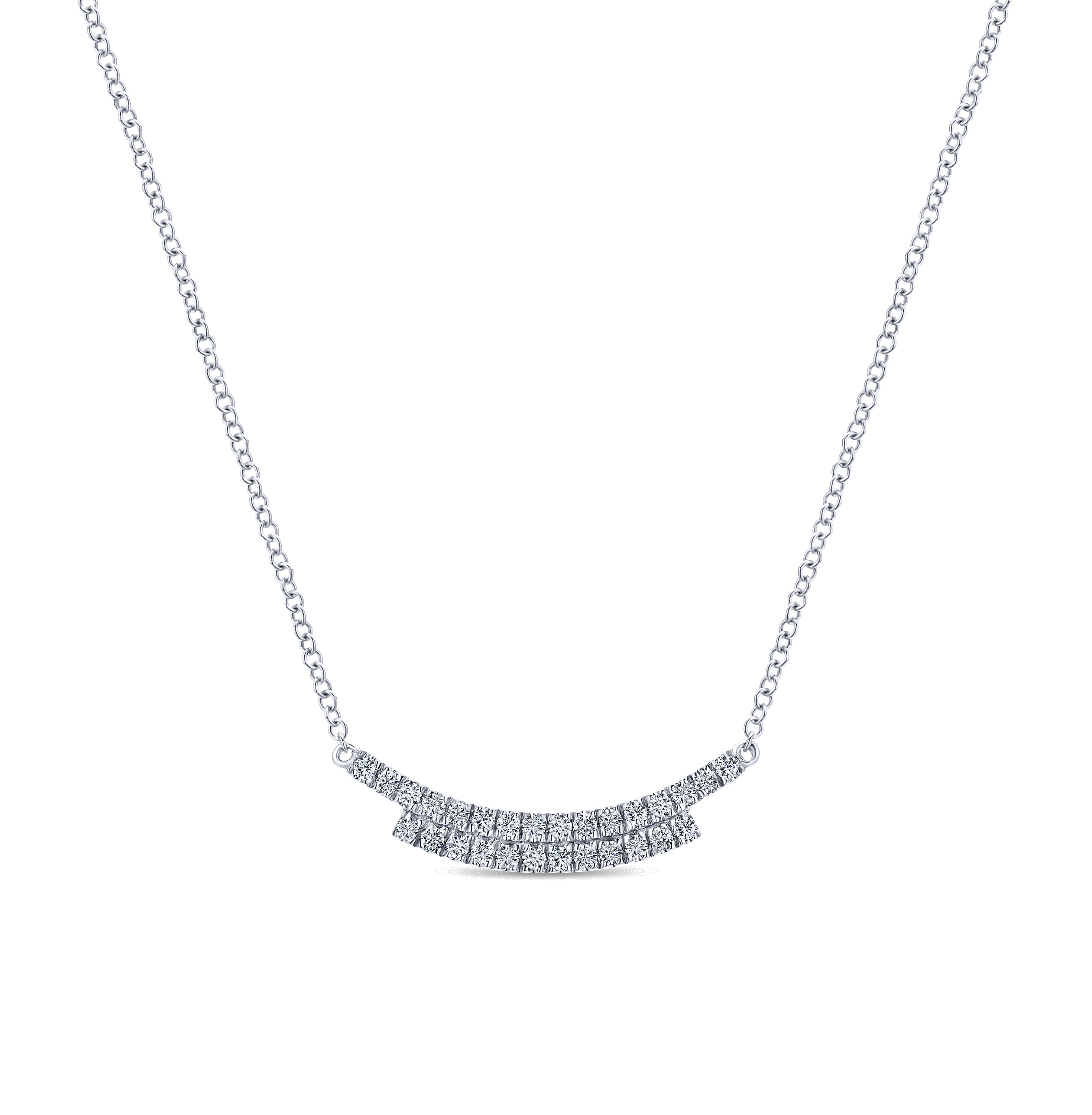 14K White Gold Curved Double Diamond Bar Necklace