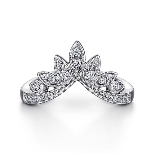 14K White Gold Curved Filigree Diamond Ring