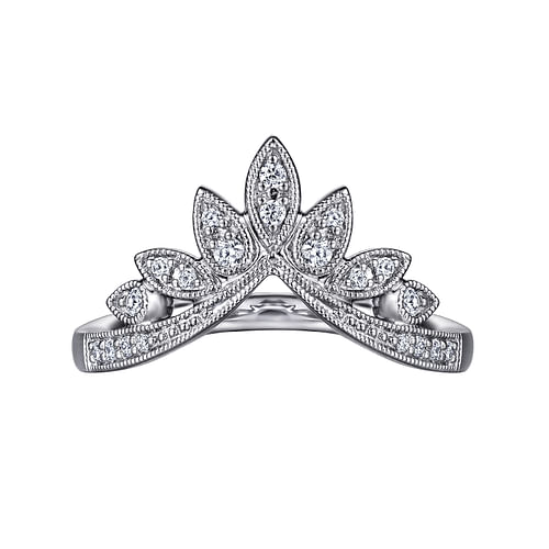 14K White Gold Curved Filigree Diamond Ring