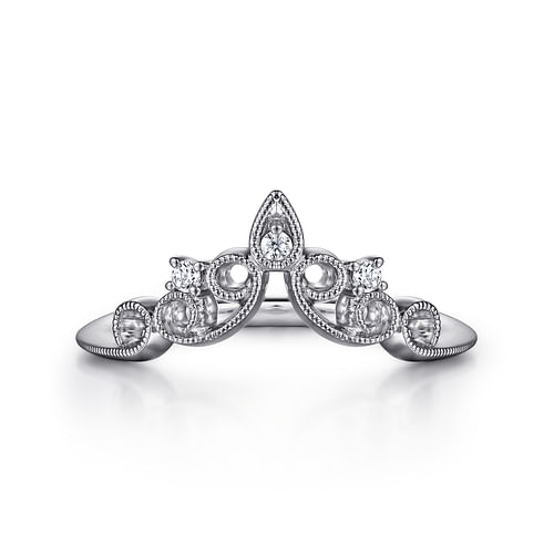 14K White Gold Curved Filigree Diamond Ring