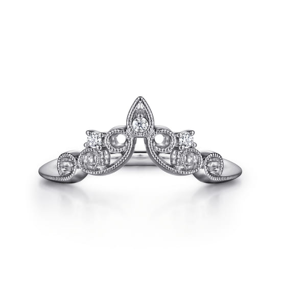 14K White Gold Curved Filigree Diamond Ring