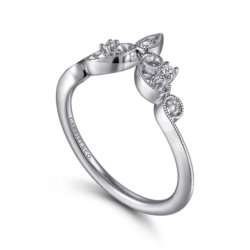 14K White Gold Curved Filigree Diamond Ring