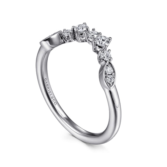 14K White Gold Curved Floral Diamond Anniversary Band angle 3