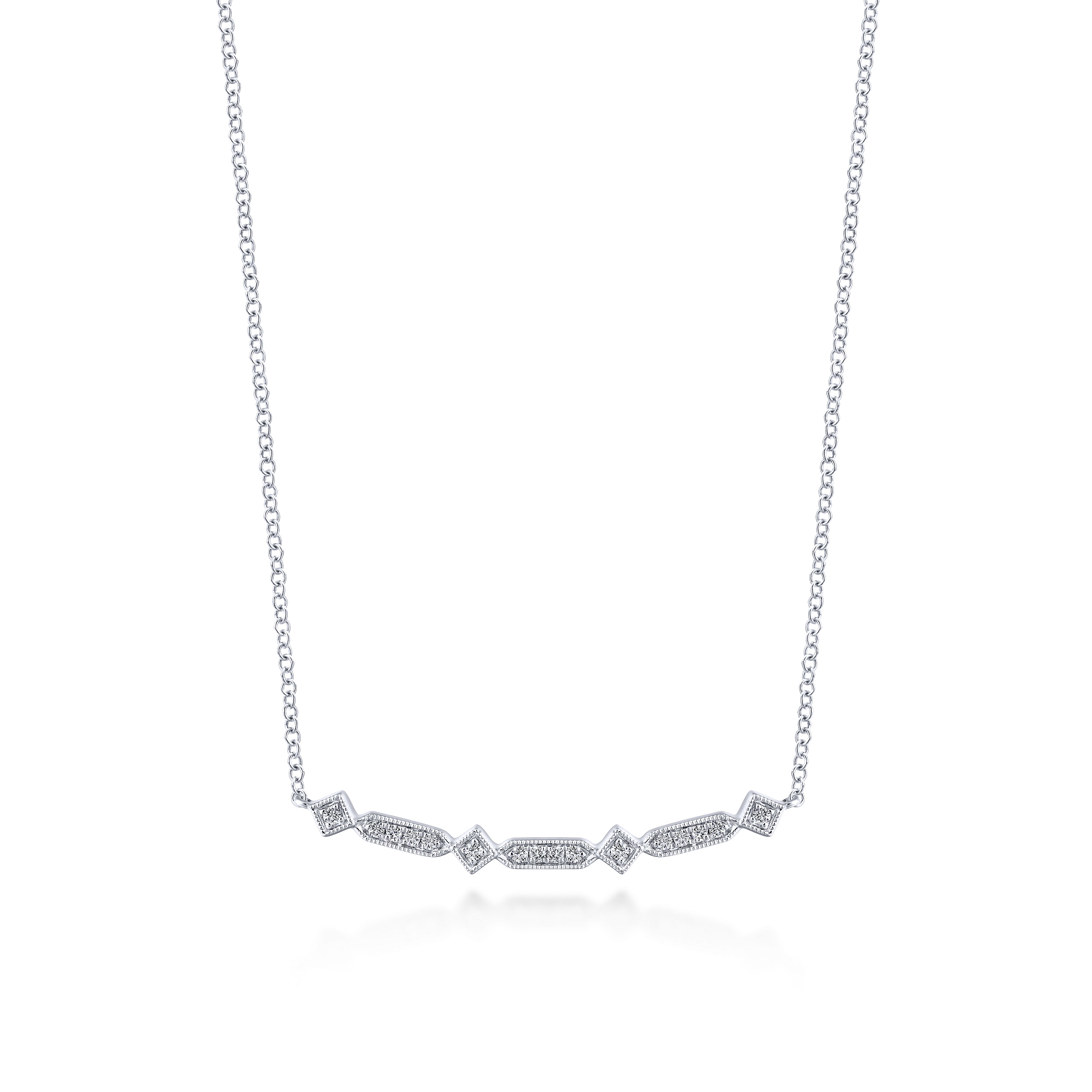 14K White Gold Curved Geometric Diamond Bar Necklace