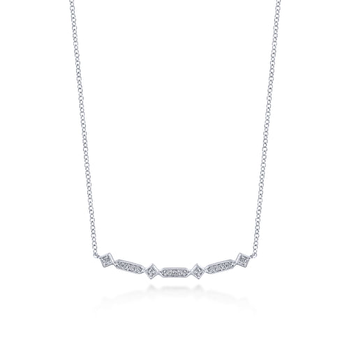 14K White Gold Curved Geometric Diamond Bar Necklace