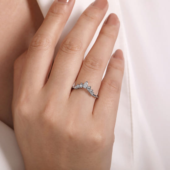 14K White Gold Curved Pear Shape and Round Diamond Anniversary Band angle 5
