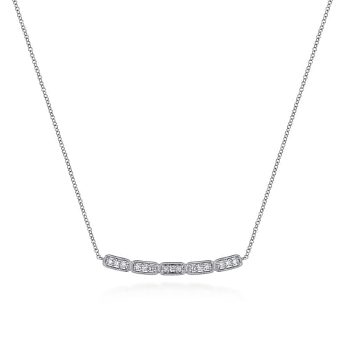 14K White Gold Curved Rectangular Station Bar Necklace with Diamonds