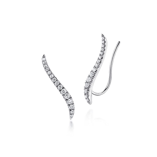 14K White Gold Curving Bar Ear Crawler Diamond Earrings