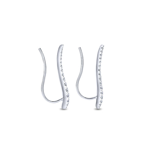 14K White Gold Curving Bar Ear Crawler Diamond Earrings