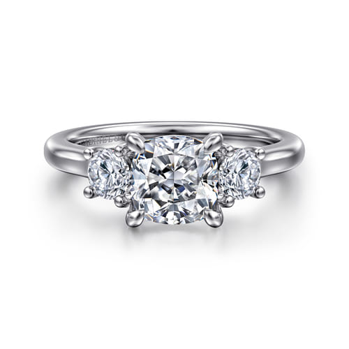 14K White Gold Cushion Cut 3 Stone Diamond Engagement Ring
