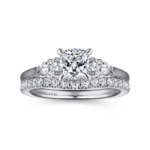 14K White Gold Cushion Cut 3 Stone Diamond Engagement Ring