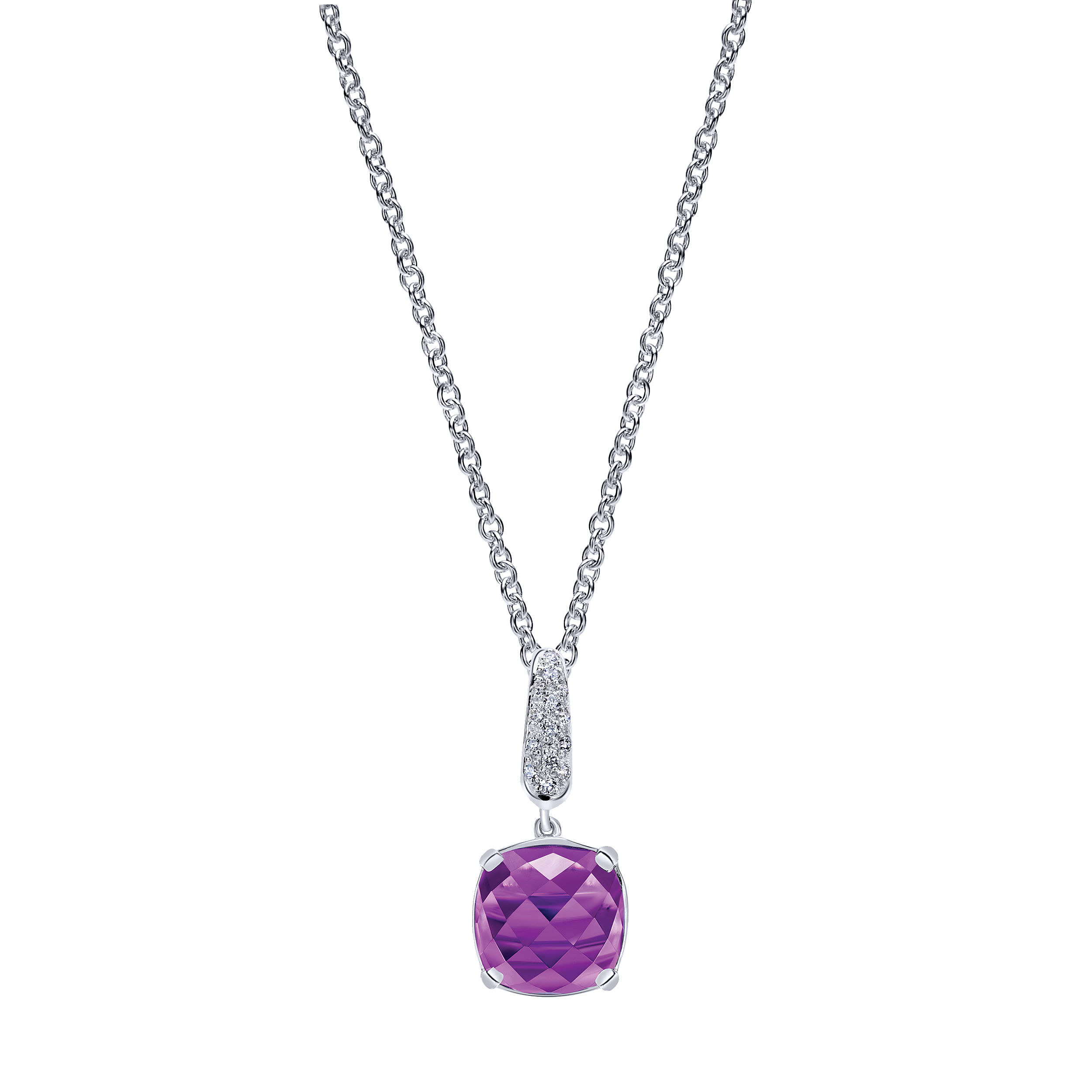 14K White Gold Cushion Cut Amethyst and Diamond Accent Pendant Necklace