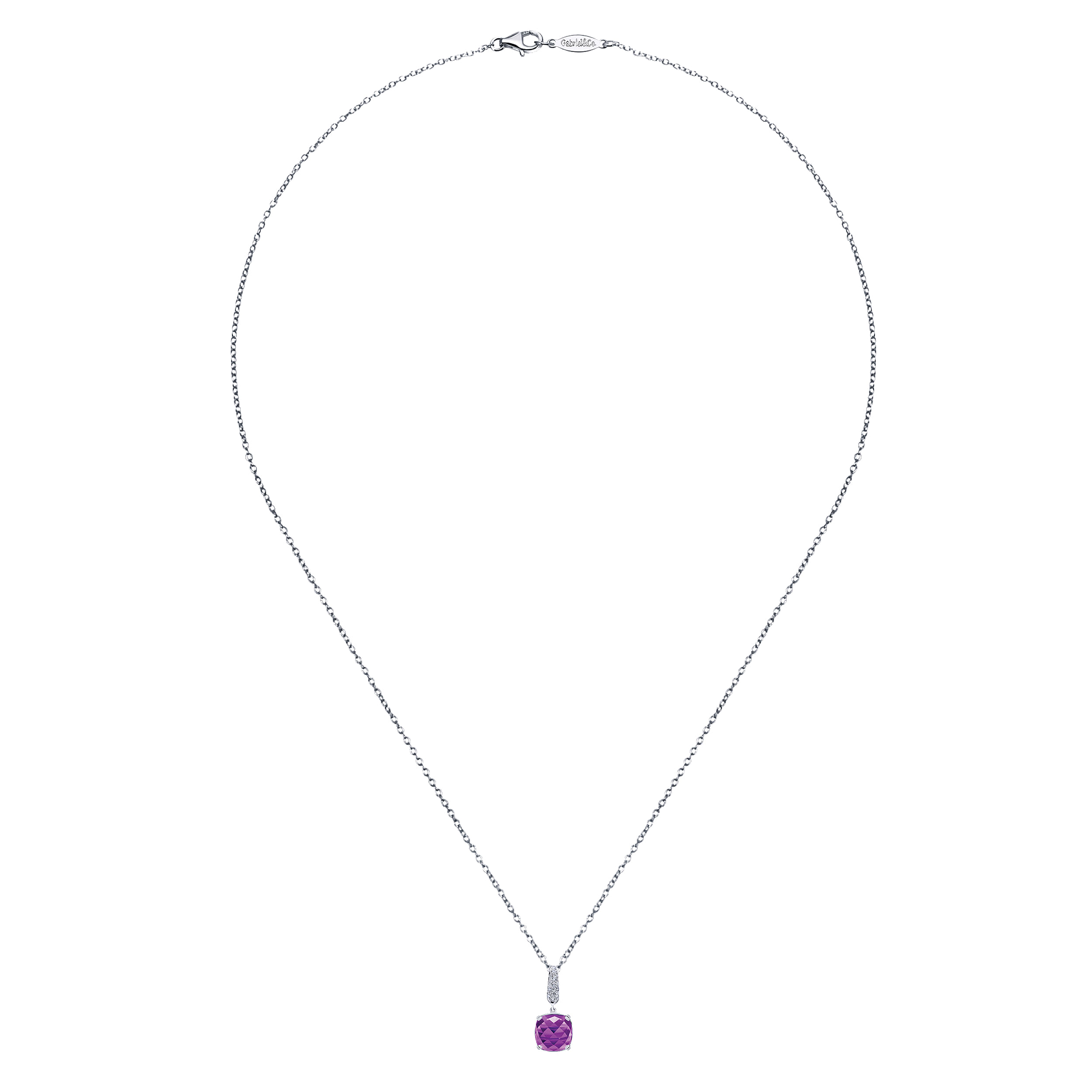 14K White Gold Cushion Cut Amethyst and Diamond Accent Pendant Necklace