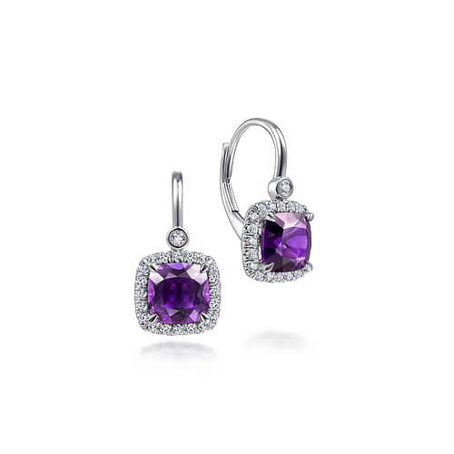 14K White Gold Cushion Cut Amethyst and Diamond Halo Drop Earrings