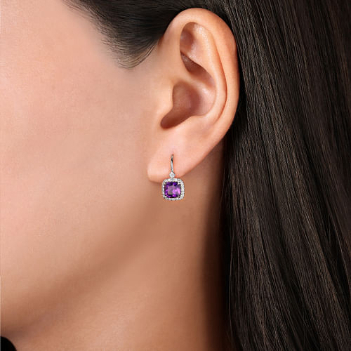 14K White Gold Cushion Cut Amethyst and Diamond Halo Drop Earrings