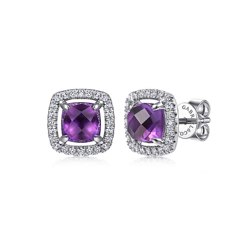 14K White Gold Cushion Cut Amethyst and Diamond Halo Stud Earrings