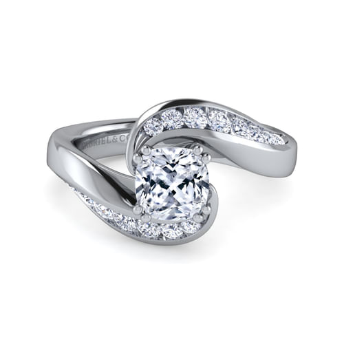 14K White Gold Cushion Cut Bypass Diamond Channel Set Engagement Ring
