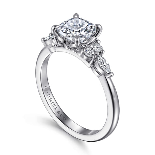 14K White Gold Cushion Cut Diamond Cluster Engagement Ring