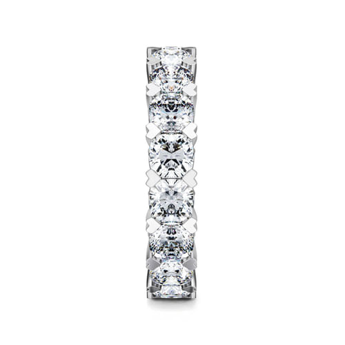 14K White Gold Cushion Cut Diamond Eternity Band with Heart Prongs