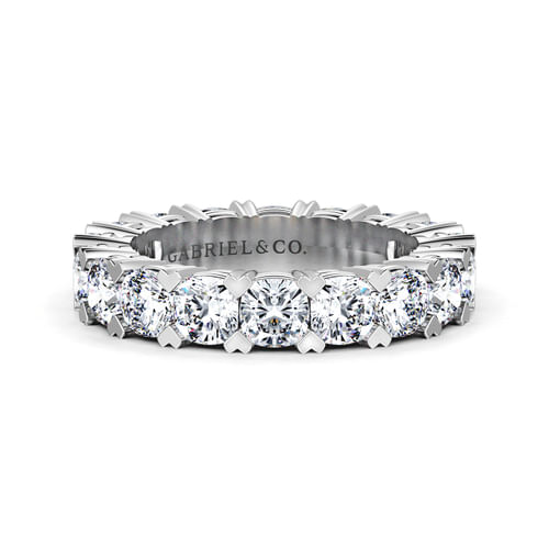 14K White Gold Cushion Cut Diamond Eternity Band with Heart Prongs