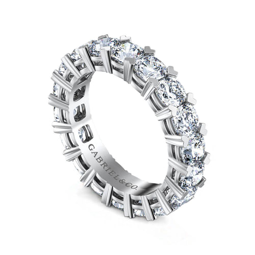 14K White Gold Cushion Cut Diamond Eternity Band with Heart Prongs