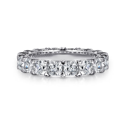 14K White Gold Cushion Cut Diamond Eternity Band with Heart Prongs