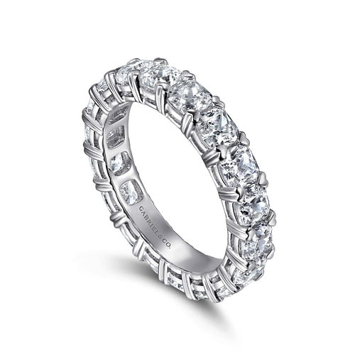 14K White Gold Cushion Cut Diamond Eternity Band with Heart Prongs