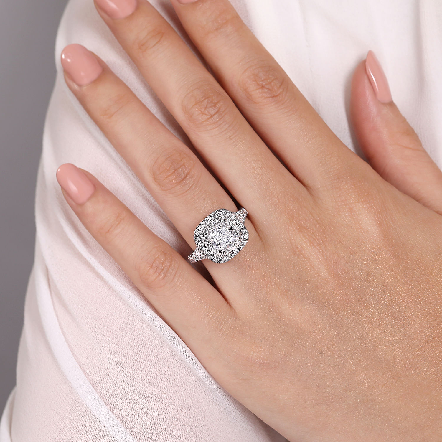 14K White Gold Cushion Cut Double Halo Diamond Engagement Ring