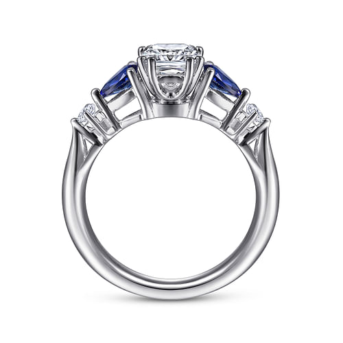 14K White Gold Cushion Cut Five Stone Sapphire and Diamond Engagement Ring