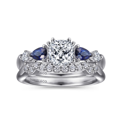 14K White Gold Cushion Cut Five Stone Sapphire and Diamond Engagement Ring