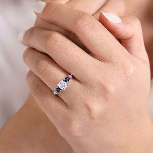 14K White Gold Cushion Cut Five Stone Sapphire and Diamond Engagement Ring