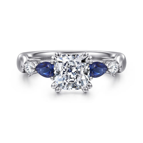 14K White Gold Cushion Cut Five Stone Sapphire and Diamond Engagement Ring