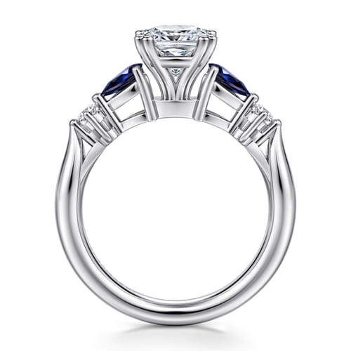 14K White Gold Cushion Cut Five Stone Sapphire and Diamond Engagement Ring