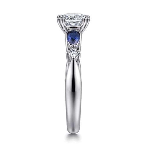 14K White Gold Cushion Cut Five Stone Sapphire and Diamond Engagement Ring