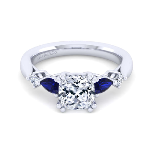 14K White Gold Cushion Cut Five Stone Sapphire and Diamond Engagement Ring