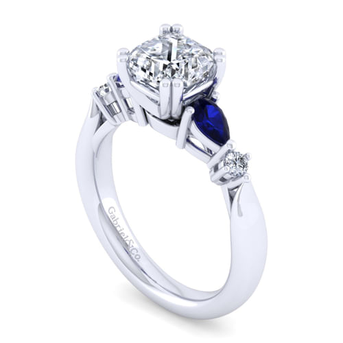 14K White Gold Cushion Cut Five Stone Sapphire and Diamond Engagement Ring