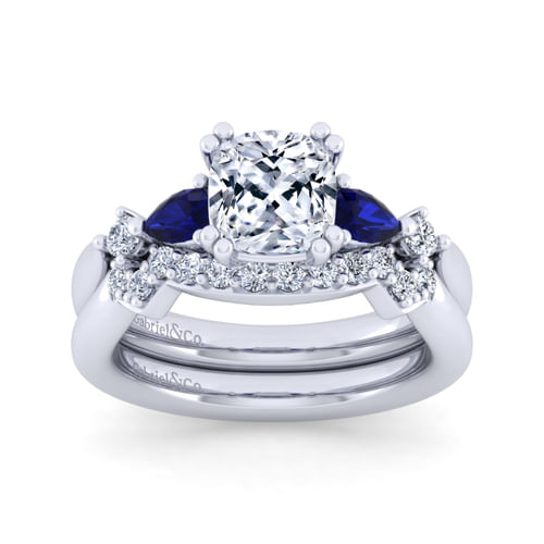 14K White Gold Cushion Cut Five Stone Sapphire and Diamond Engagement Ring