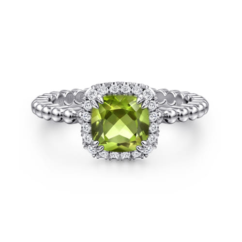 14K White Gold Cushion Cut Peridot and Diamond Halo Promise Ring