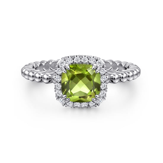 14K White Gold Cushion Cut Peridot and Diamond Halo Promise Ring 14K White Gold Cushion Cut Peridot and Diamond Halo Promise Ring
